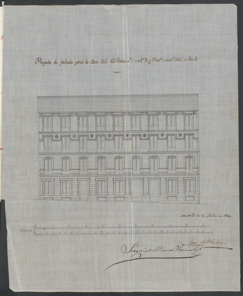 Miniatura de D. Joaquín Blanco González, como Director General de la Sociedad "Tesoro de Madrid", pidiendo licencia para construir de nueva planta la casa calle del Barco, nº 9 moderno, 24 y 35 antiguos, manzana 362.