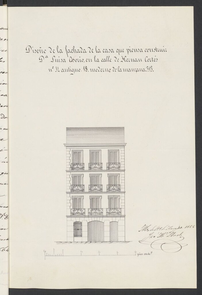 Miniatura de Dª Luisa Ossorio, para construir de nueva planta la casa de su propiedad, sita en la calle Hernán Cortés, nº 18 moderno, manzana 313.