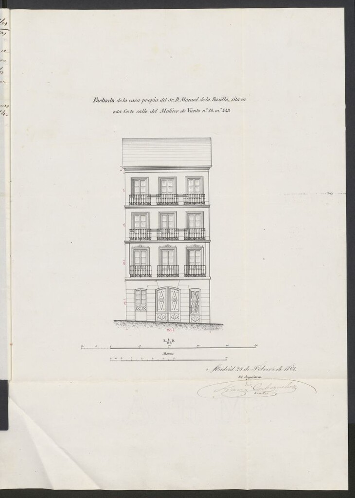 Miniatura de D. Manuel de la Rasilla, para construir de nueva planta la casa de su propiedad, sita en la calle de Molino de Viento, señalada con el nº  14, manzana 449.