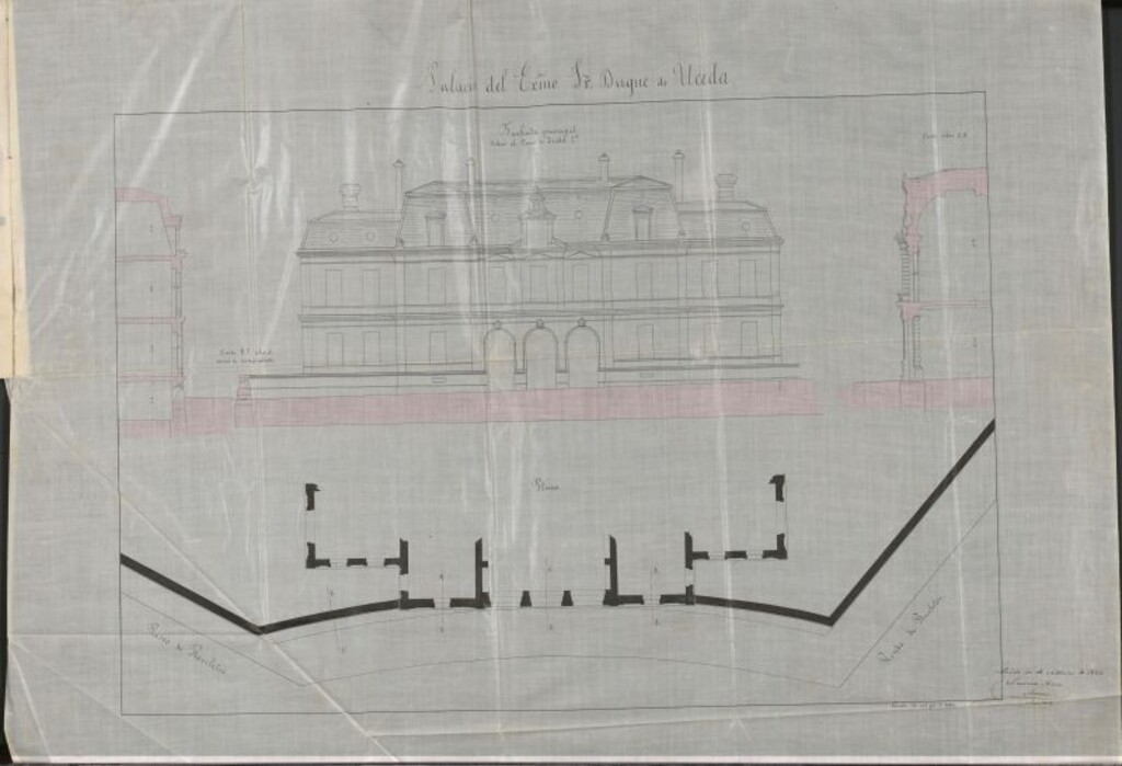 Miniatura de Excmo. Sr. Duque de Uceda, solicitando licencia para construir de nueva planta en el solar de su propiedad, lindante a Norte con ronda de Recoletos, a Oriente en el Paseo de mismo nombre, al Sur con el Circo del Príncipe Alfonso, y a Poniente con la huerta de las Salesas.