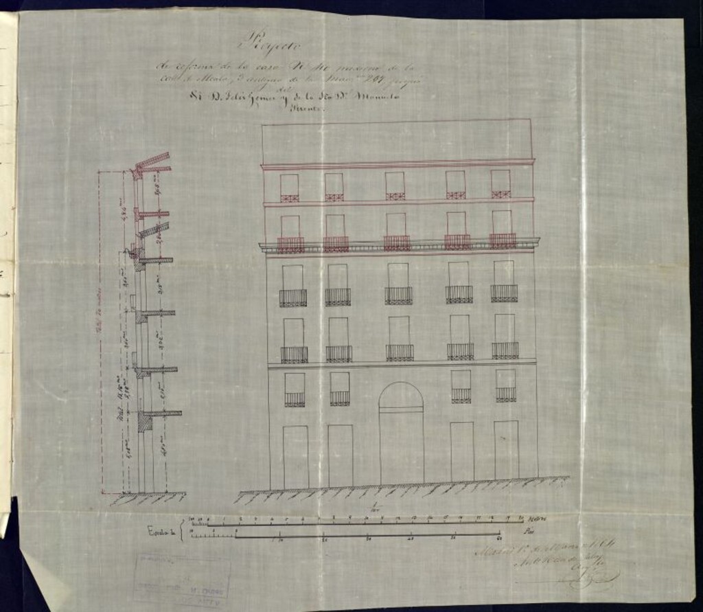 Miniatura de D. Félix Gómez, dueño de la casa calle de Alcalá, nº 40 moderno, 3 antiguo, de la manzana 267, para levantar en la misma 3º y 4º piso, y hacer varias obras interiores.