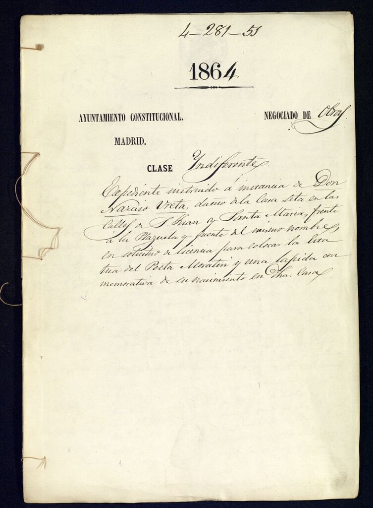 Miniatura de D. Narciso Ureta, dueño de la casa sita en la calle de S. Juan y Sta. María, frente a la Plazuela y fuente del mismo nombre en solicitud de licencia, para colocar la estatua del Poeta Moratín y una lápida conmemorativa de su nacimiento en otra casa.