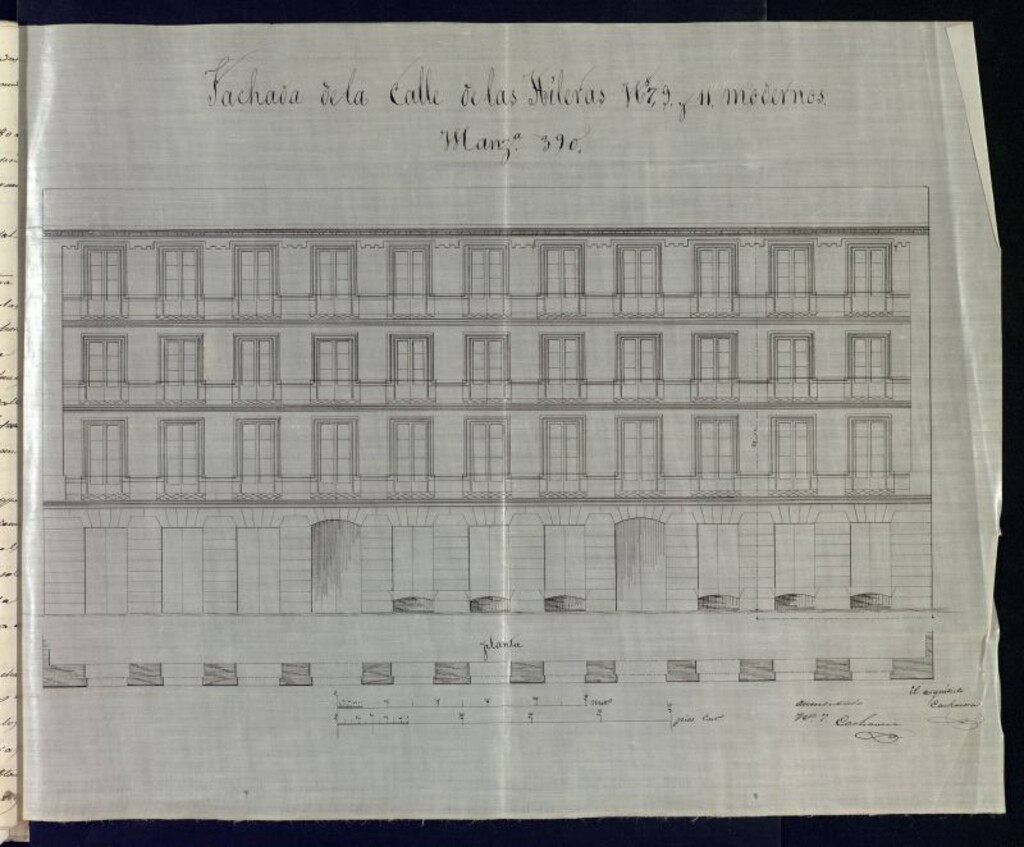 Miniatura de D. Gerónimo del Valle, en solicitud de licencia para construir de nueva planta la casa de su propiedad, sita en la calle de las Hileras nº 11, con accesorias a las de las Fuentes nº 8, manzana 390.