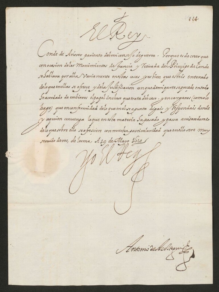 Miniatura de Real cédula de Felipe III dirigida al Conde de Añover remitiéndole un escrito informativo que trata de los movimientos de Francia y retirada del Príncipe de Condé
