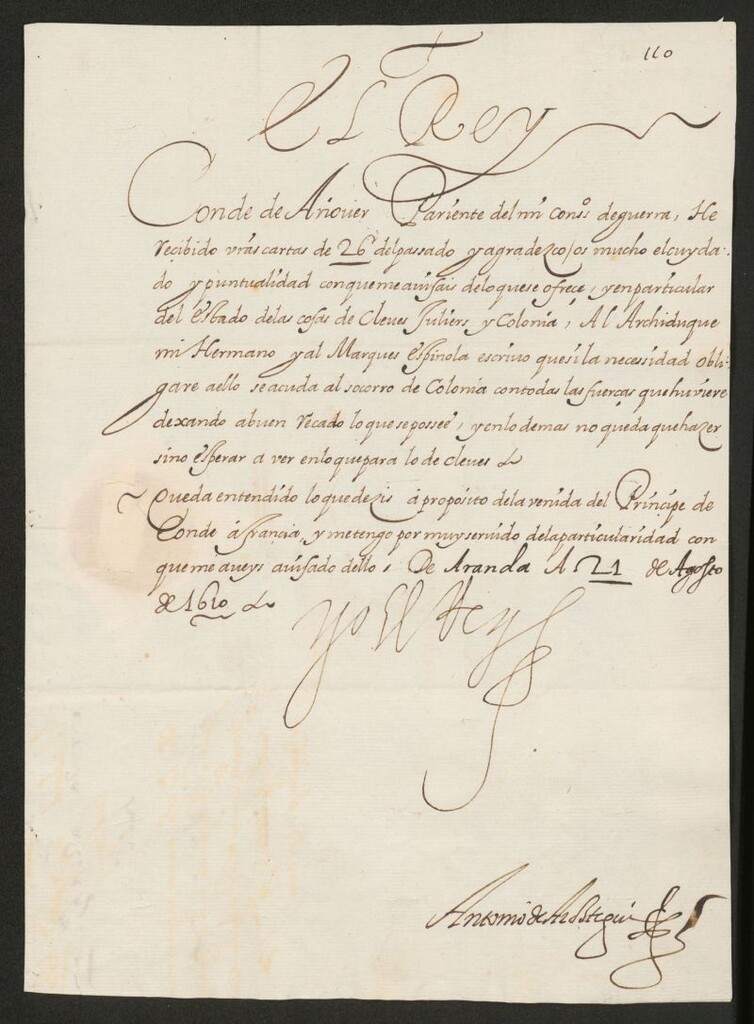 Miniatura de [Real cédula de Felipe III a D. Rodrigo Niño Laso, conde de Añover, agradeciéndole lo bien informado que le tiene del estado de las cosas, y especialmente de las cosas de Cleves, Juliers y Colonia]