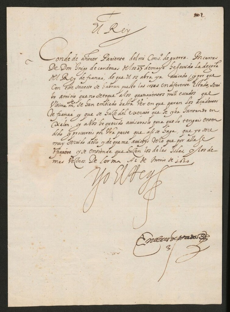 Miniatura de [Real cédula de Felipe III al Conde de Añover comunicándole que la muerte de Enrique IV de Francia ha cambiado el estado de las cosas y conviene tener un compás de espera hasta ver como se decanta la situación