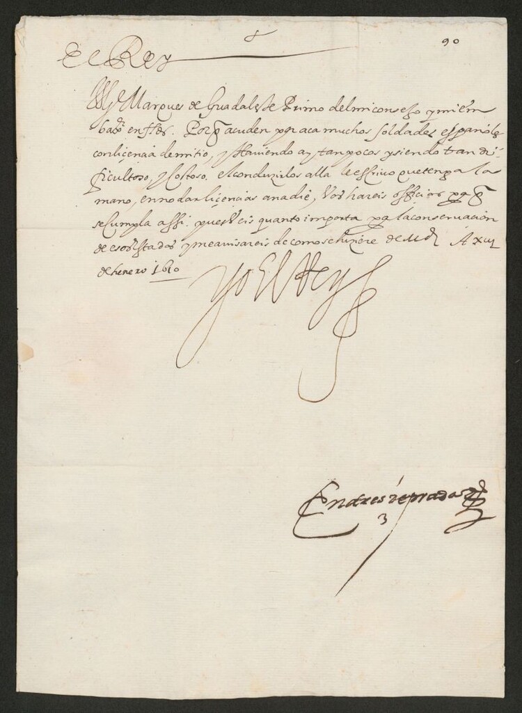 Miniatura de [Real cédula de Felipe III al Marqués de Guadalest, su embajador en Flandes, para que evite que los soldados españoles en Flandes obtengan licencias para volver a España]