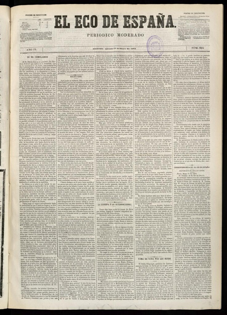 Miniatura de El Eco de España del 17 de mayo de 1873