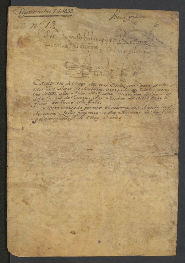 Miniatura de Escriptura de venta de unas cassas, con corral, y viña hera en el lugar de Rubena, otorgada en 7 de Septiembre de 1493 ante Pedro de Riaño escrivano del numero de la ciudad de Burgos por Andres de Villa a favor de Alonso de la Gala, y otra otorgada por este el mismo dia dando estas posesiones a zenso perpetuo a dho[dicho] Andres de Villa [ilegible] por ocho fanegas de trigo al año