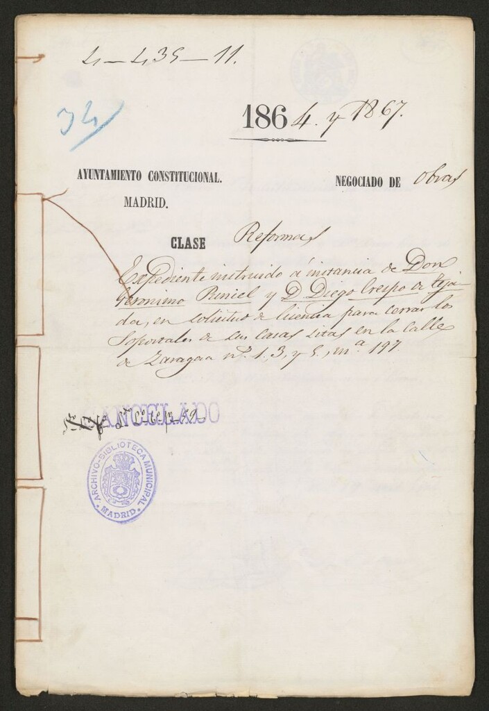 Miniatura de D. Gerónimo Puniel y D. Diego Crespo de Tejada, en solicitud de licencia para cerrar los soportales de sus casas sitas, en la calle de Zaragoza nºs 1, 3 y 5, manzana 197.