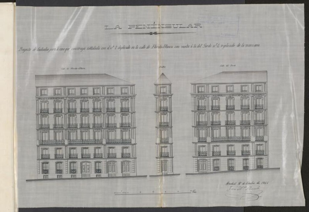 Miniatura de Excmo. Sr. D. Pascual Madror, como Director de la Peninsular, en solicitud de licencia para construir de nueva planta en el solar sito en la Carrera de S. Gerónimo  nº 49, con vuelta a la de Florida Blanca y la del Sordo.