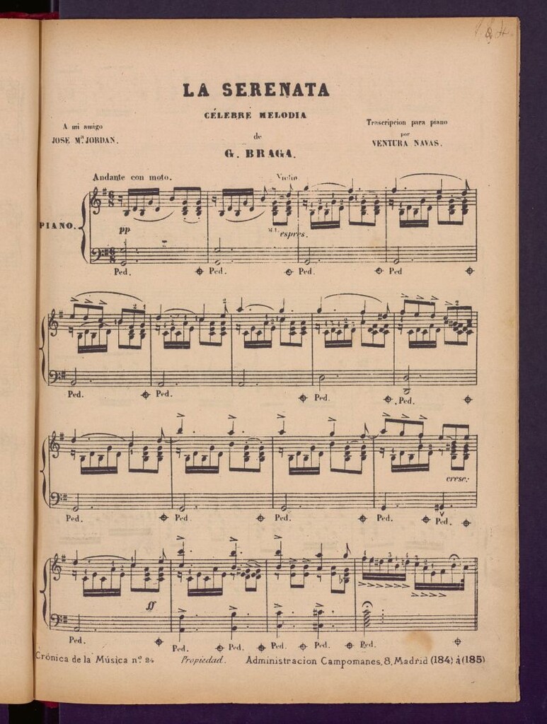 Miniatura de La serenata : célebre melodía de G. Braga ; transcripción para piano por Ventura Navas
