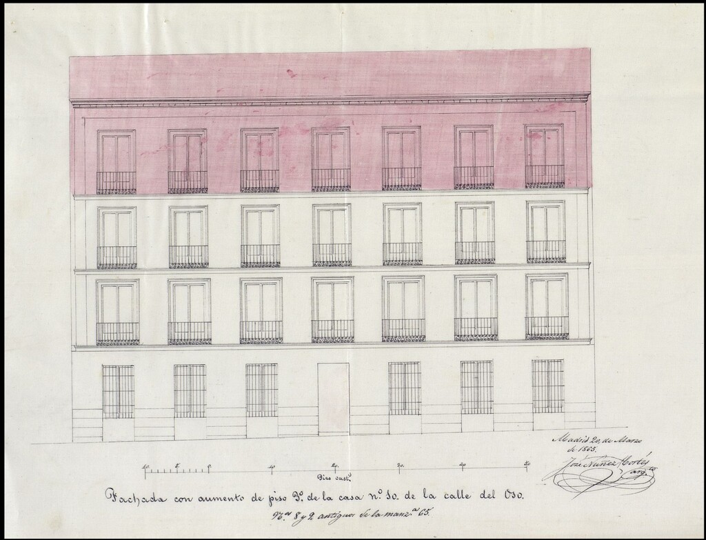 Miniatura de D. Gerónimo Puncel, en solicitud de licencia para aumentar pisos a su casa calle del oso nº 10.
