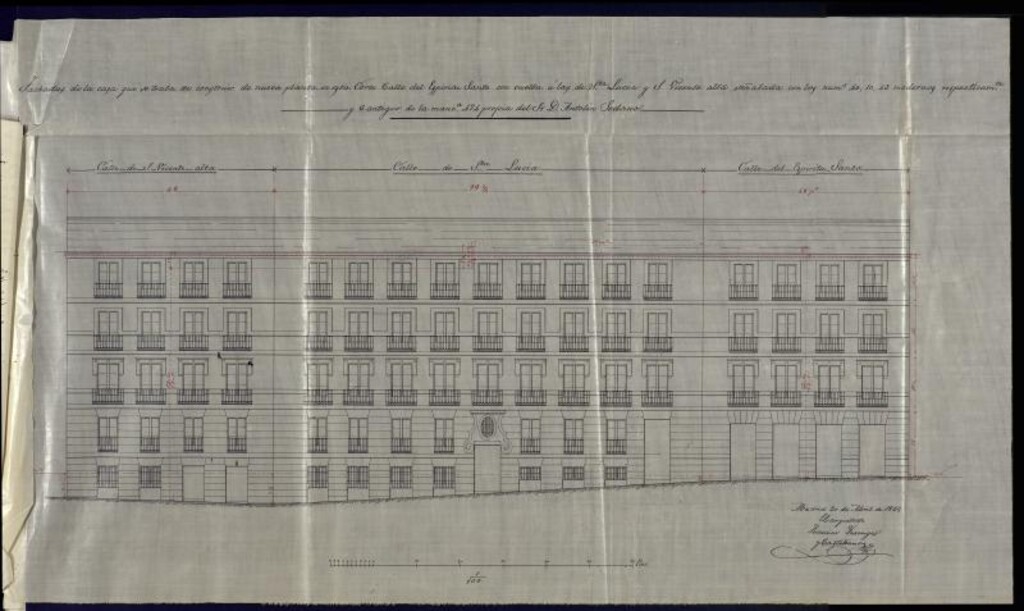 Miniatura de D. Antolín Sedano, para construir de nueva planta su casa calle del Espíritu Santo nº 40, con vuelta a la de Sta. Lucia nº 10 y a la de S. Vicente nº 43, manzana 474.