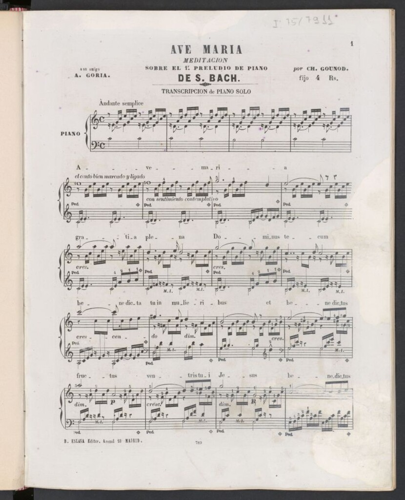 Miniatura de Ave María : meditación sobre el 1º preludio de piano de S. Bach : transcripción de piano solo