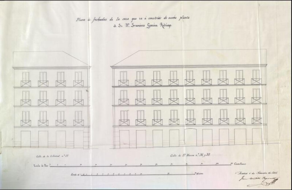 Miniatura de D. Francisco García Rodrigo, en solicitud de licencia para construir de nueva planta la casa de su propiedad, sita en la calle de S. Marcos nº 36 y 38 con vuelta a la de Libertad, nº 17.