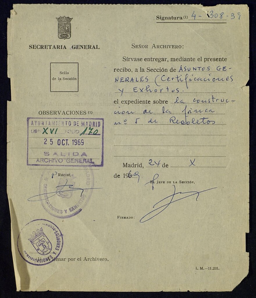 Miniatura de Resguardo de entrega del expediente sobre la construcción de la finca nº 5 de Recoletos, a la Sección de Asuntos Generales del Ayto de Madrid