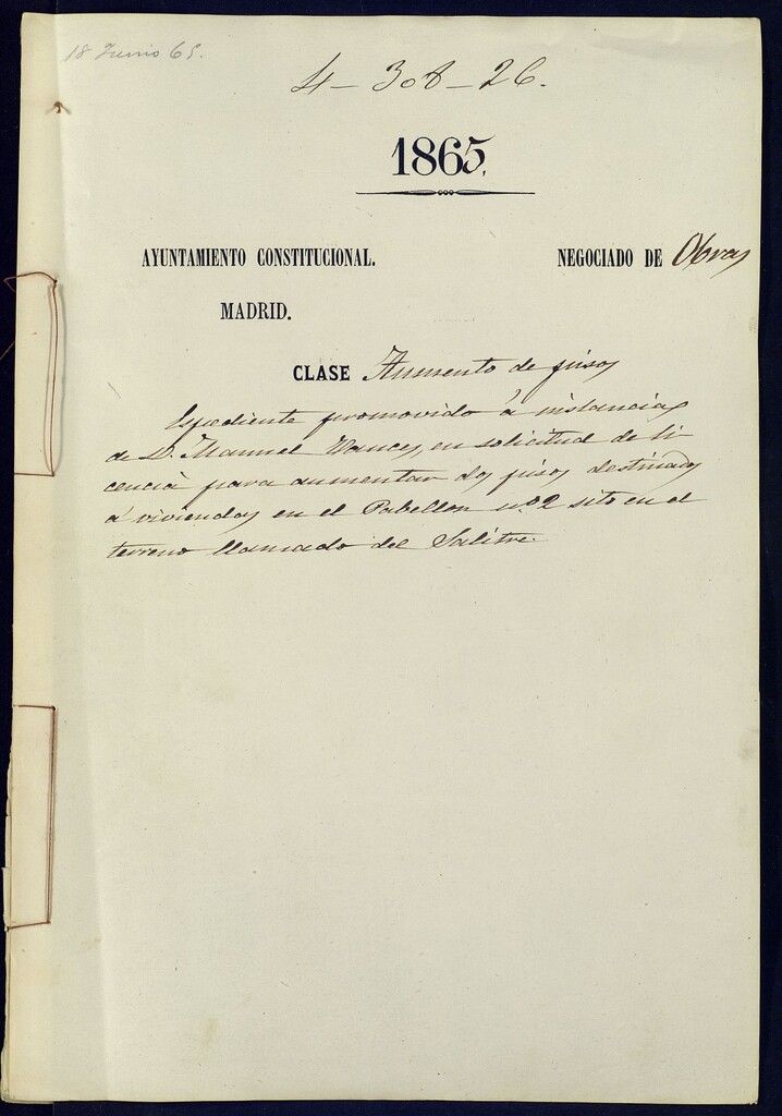 Miniatura de D. Manuel Vances, en solicitud de licencia para aumentar dos pisos destinados a viviendas en el Pabellón nº 2, sito en el terreno llamado del Salitre.