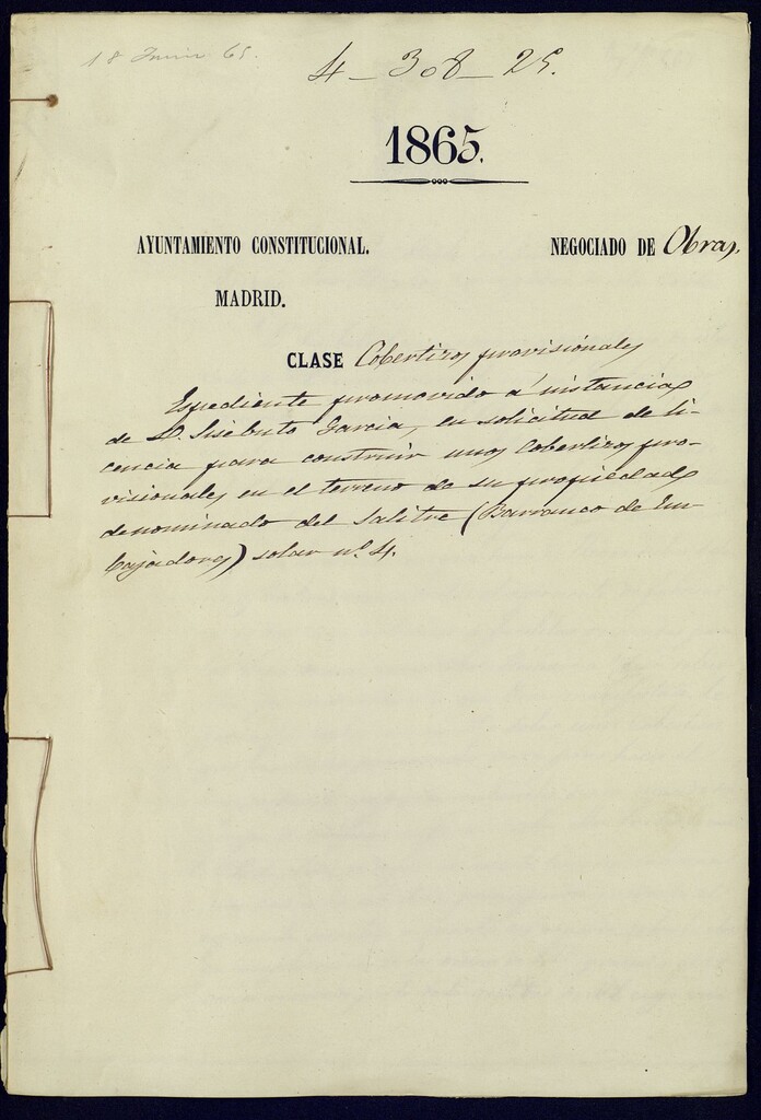 Miniatura de D. Sisebuto García, en solicitud de licencia para construir unos cobertizos provisionales en el terreno de su propiedad denominado del Salitre (Barranco de Embajadores), solar nº 4.