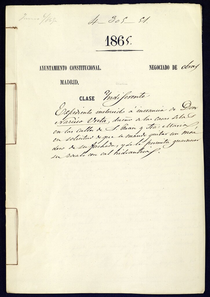 Miniatura de D. Narciso Ureta, dueño de las casas sitas en las calles de S. Juan y Sta. María, en solicitud de que le mande quitar un meadero de su fachada, y se le permita guarnecer su zócalo con cal hidráulica.