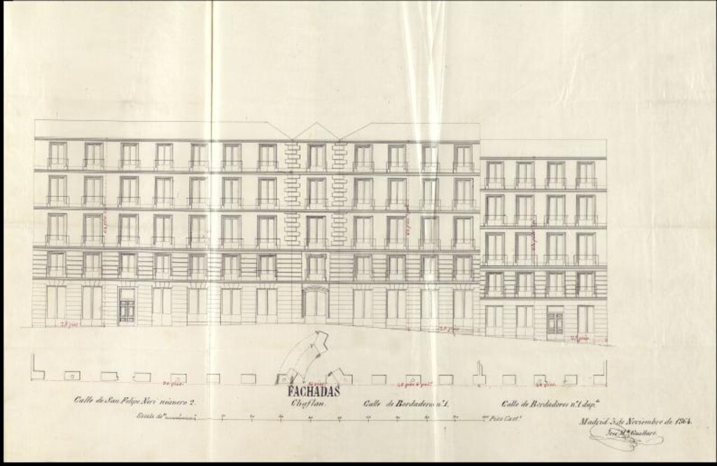 Miniatura de D. Manuel Salvador López, en solicitud de licencia para construir dos casas en el edificio de su propiedad titulado Paraje de S. Felipe nº 1 nuevo por la calle de Bordadores y 2 por la de S. Felipe Neri, Plazuela de Herradores y calle de las Hileras.