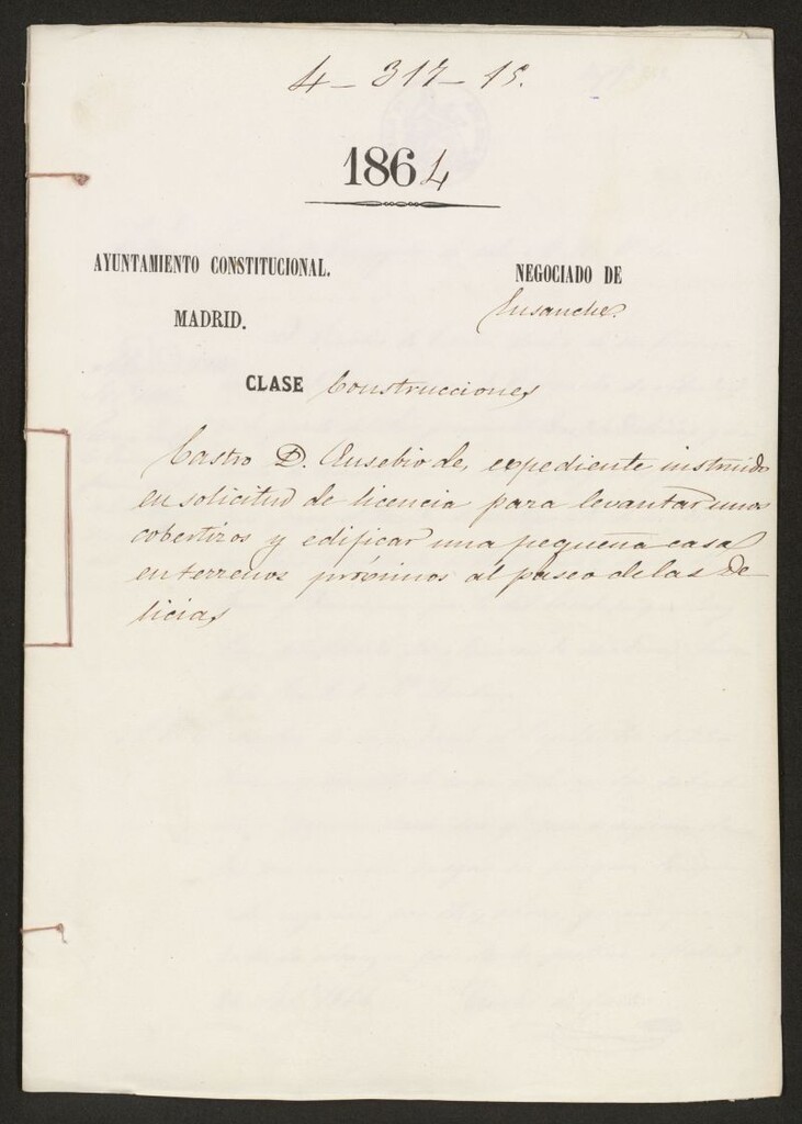 Miniatura de D. Eusebio Castro, expediente instruido en solicitud de licencia para levantar unos cobertizos y edificar una pequeña casa en terreno próximo al Paseo de las Delicias.