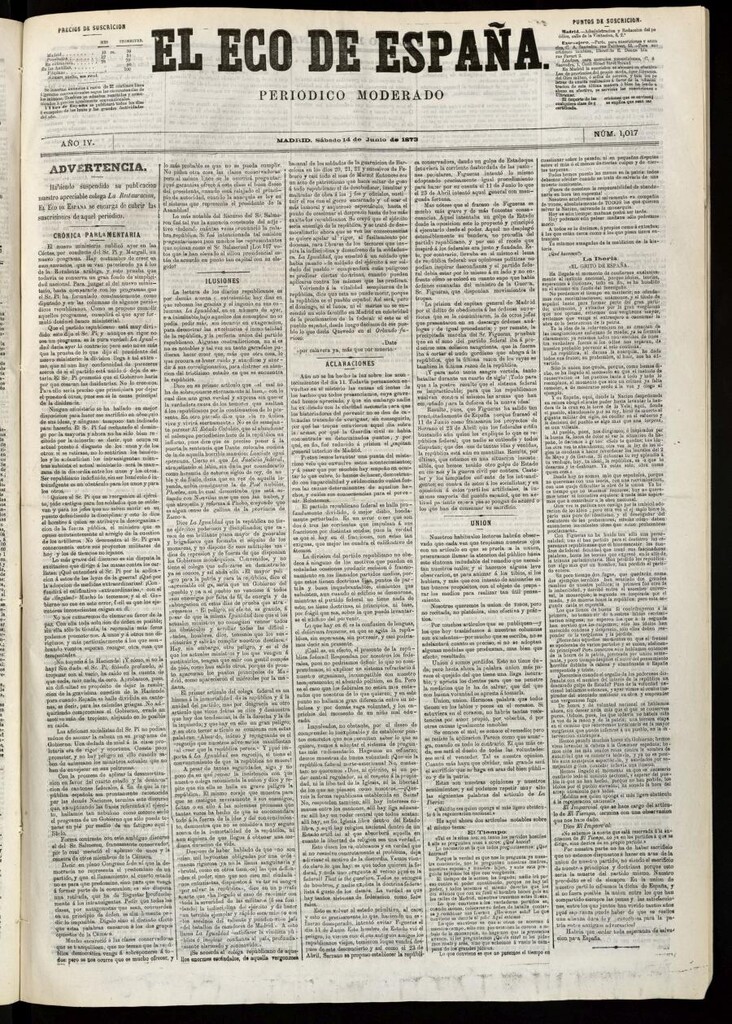 Miniatura de El Eco de España del 14 de junio de 1873