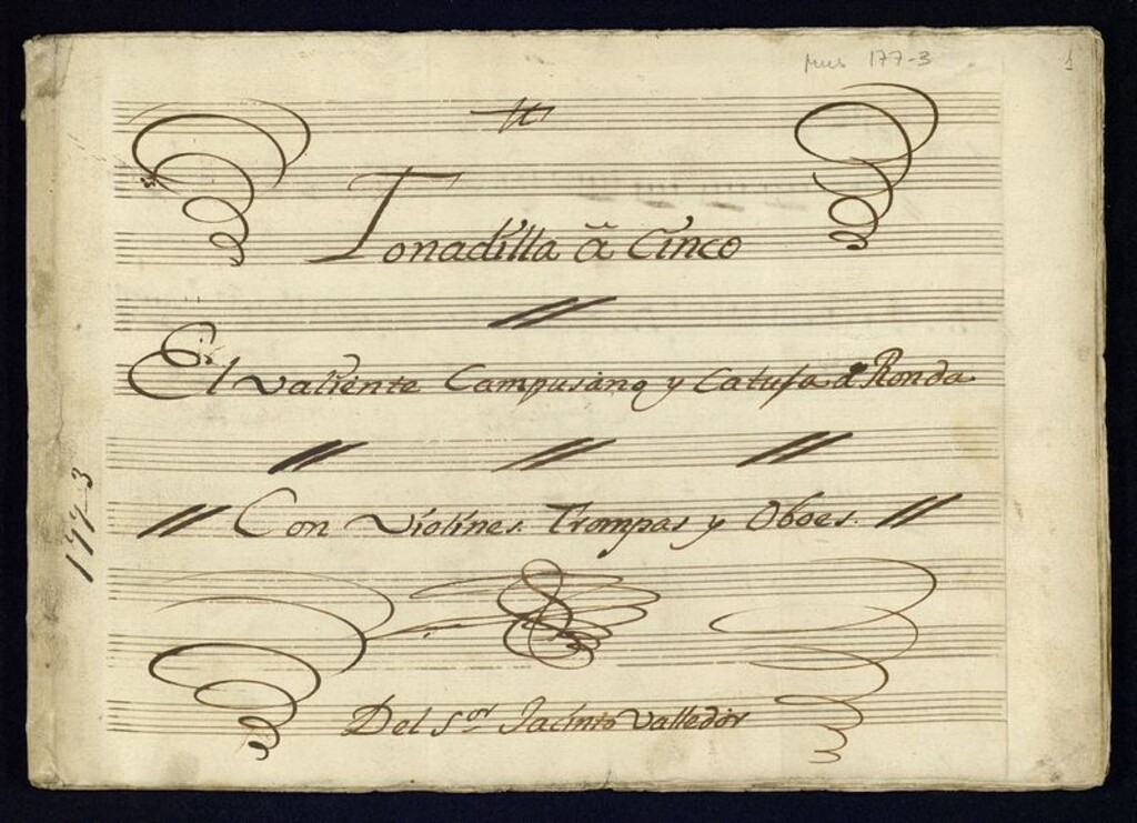 Miniatura de Tonadilla a cinco El valiente campusano y catuja de Ronda : con violines, trompas y oboes