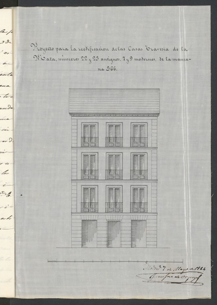Miniatura de D. Miguel Ribau,  en solicitud de licencia para construir de nueva planta la casa de su propiedad, sita en la Travesía de la Mata, nºs. 7 y 9, de la manzana 366.