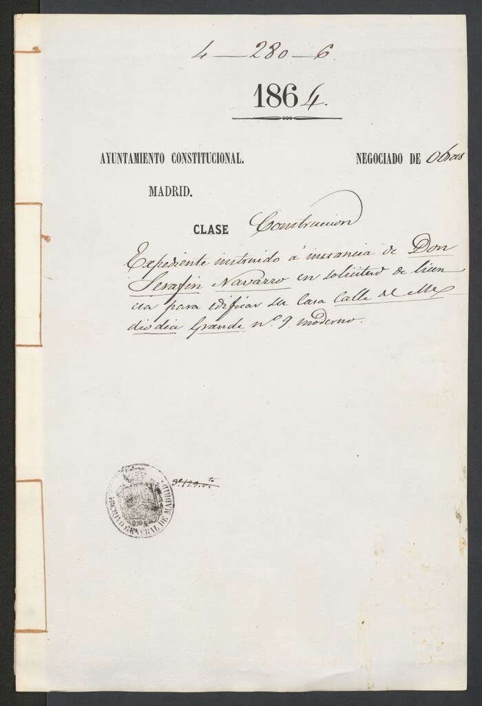 Miniatura de D. Serafín Navarro, en solicitud de licencia para edificar su casa calle del Mediodía Grande nº 9 moderno.