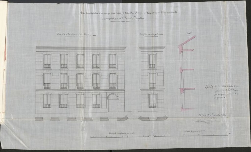 Miniatura de Excmo. Marqués de Ysasi, para construir de nueva planta la casa de su propiedad, sita en el nuevo Barrio de Argüelles, Montaña del Príncipe Pío, y sus calles de Luisa Fernanda, y de D. Martín, de la manzana 10.