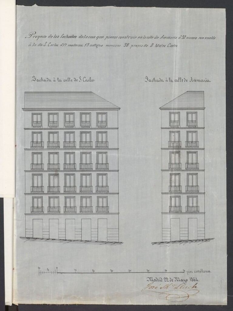 Miniatura de D. Mateo de Castro, en solicitud de licencia para construir de nueva planta en la casa de su propiedad, sita en la calle de Ave María nº 32 con vuelta a la de S. Carlos nº 17.