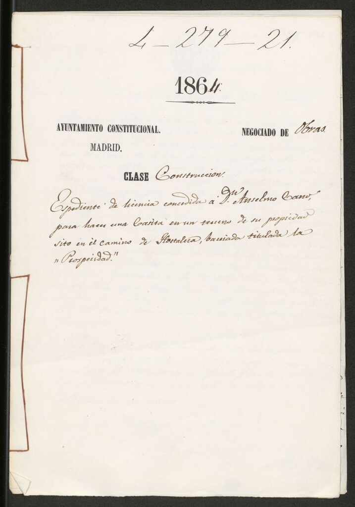 Miniatura de D. Anselmo Cano, para hacer una casita en un terreno de su propiedad, sito en el camino de la Hortaleza, barriada titulada la "Prosperidad".