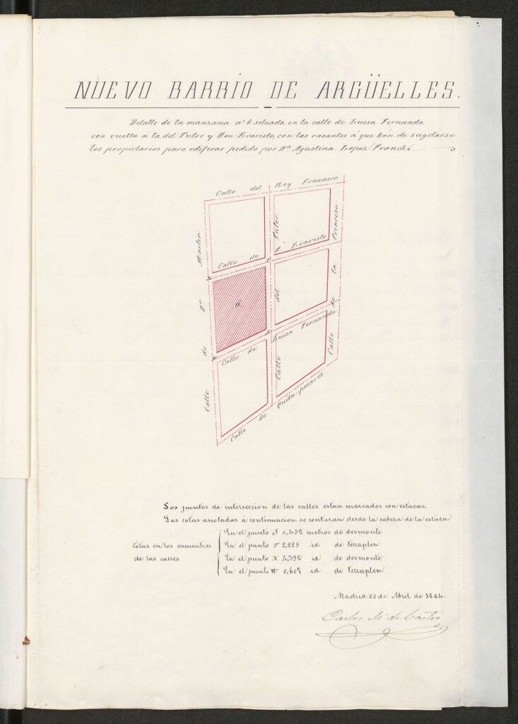 Miniatura de Dª Agustina López Franch, en solicitud de licencia para construir de nueva planta en parte del solar nº 1 de su propiedad, sito en la manzana 6ª del nuevo barrio de Argüelles, con fachada a la calle de D. Evaristo.