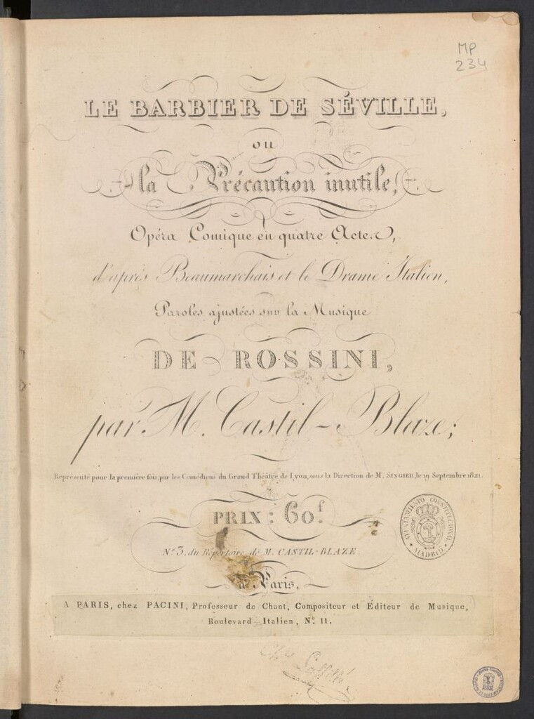 Miniatura de Le barbier de Séville ou La précaution inutile : opéra comique en quatre actes d´ aprés Beaumarchais et le drame italien, paroles ajustées sur la musique de Rossini par M. Castil-Blaze