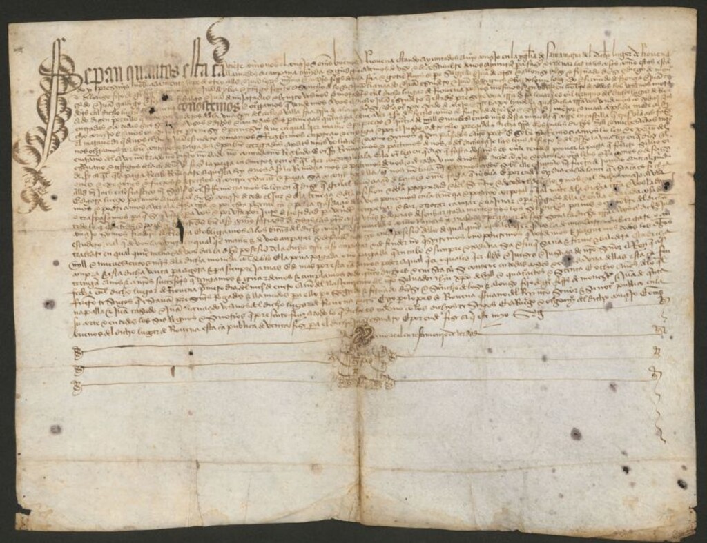 Miniatura de Escriptura de venta de una tierra en termino del lugar de Rubena, otorgada por este en primero de Henero de 1468 ante Pedro Lopez de Robina escrivano del numero de Burg[o]s a favor de Juan escudero