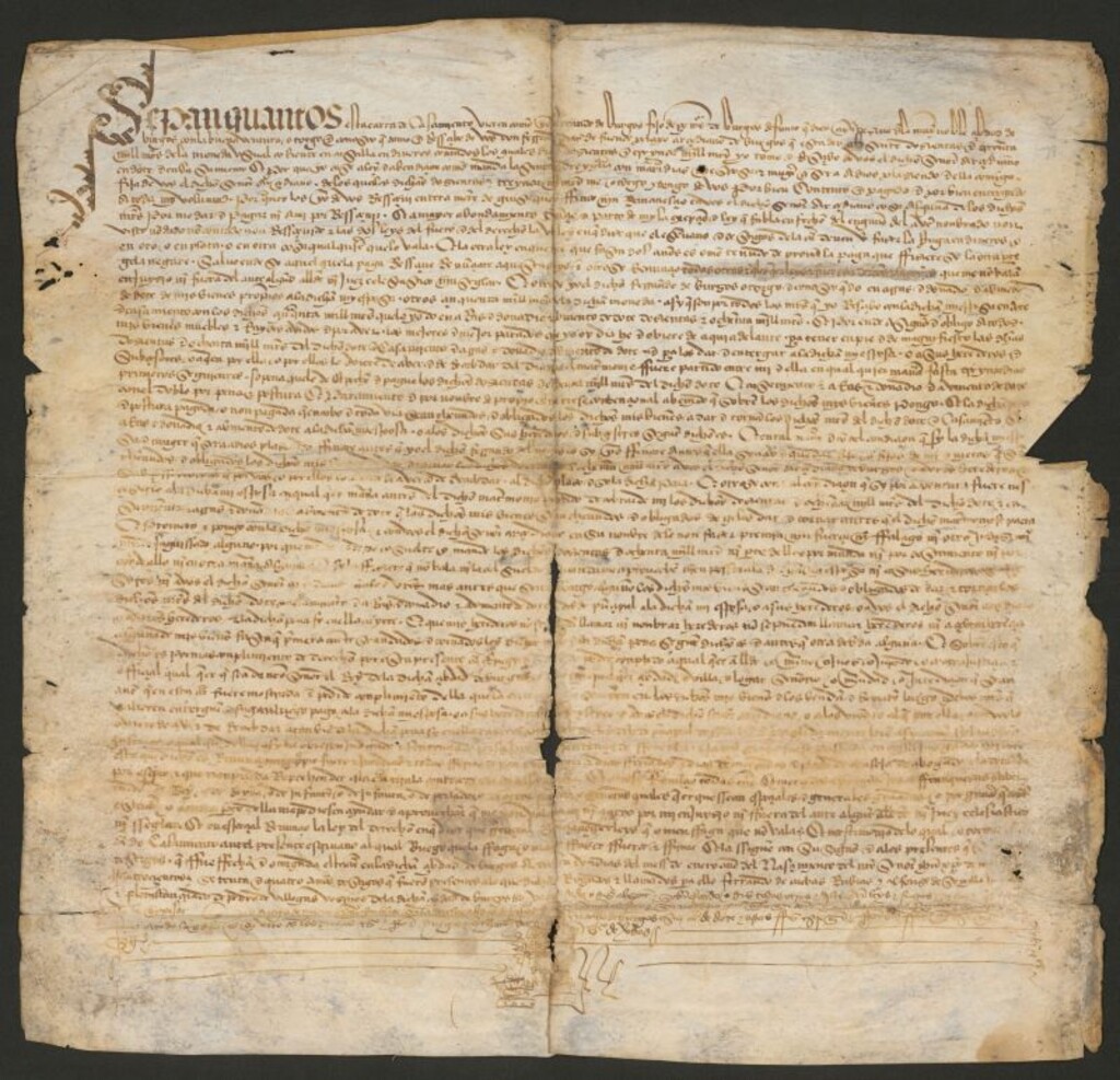 Miniatura de Sepan quantos esta carta de casamiento vieren como yo [ilegible]rando de Burgos fiso de [ilegible] de Burgos difunto ... bezyno de ... Burgos ... otorgo ... vos don ferrando diaz de...Burgos...