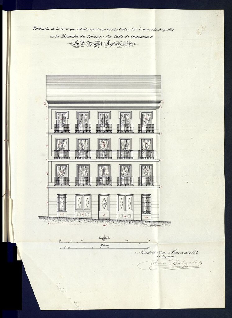 Miniatura de D. Ildefonso Quirós, en solicitud de licencia para construir de nueva planta en el solar, sito en la manzana cuarta del nuevo Barrio Argüelles,