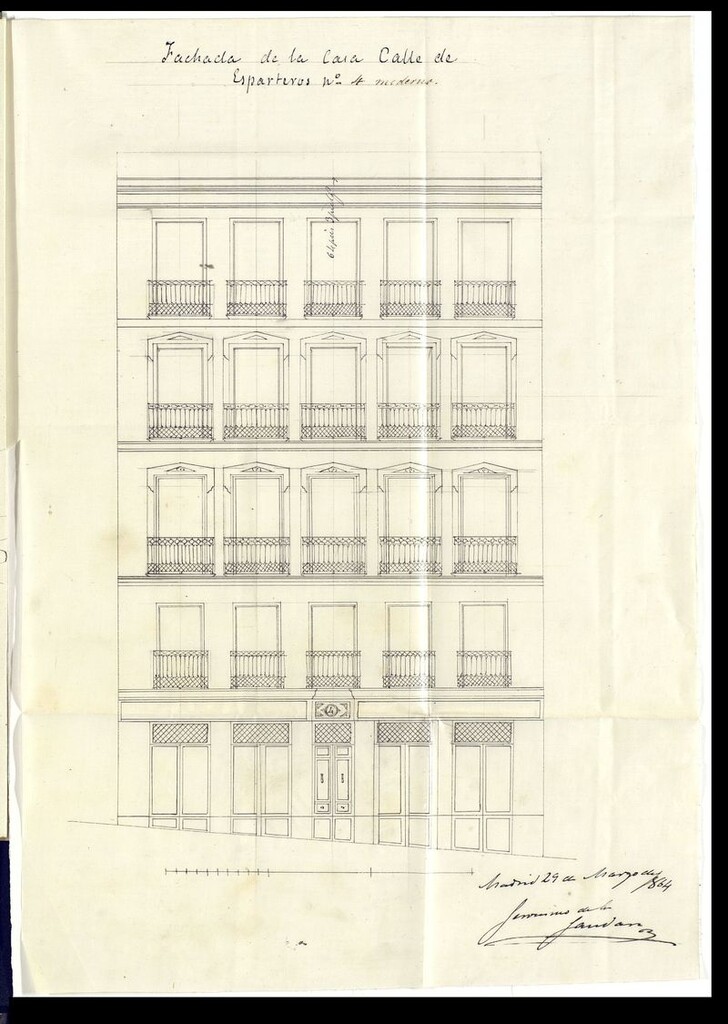 Miniatura de D. Joaquín de Palacio, en concepto de Apoderado del Sr. d. Gregorio López Mollinedo, para construir de nueva planta la casa de su propiedad, sita en la calle de Esparteros, nº 4 moderno, de la manzana 201.