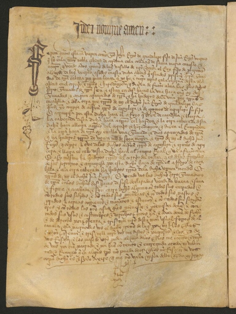 Miniatura de Sepan quantos esta carta bieren como yo Johan Ruiz de Guadalupe fiso de Juan Ruis bezino q[ue] so[y] en la muy noble abad de Cordoba en la colación de Santa Maria como yo otorgo y bendo a bos Gómez de Luque...cuatro yuntadas de tierra ... en Luque [Córdoba]...