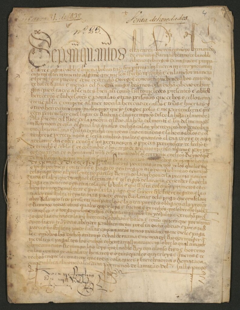 Miniatura de Escriptura de venta de todas las casas, tierras, huertas y otros heredamientos que en el lugar de Rubena y sus terminos pertenecian a Hernando de Cuebas Rubias, otorgada por este en 31 de Marzo de 1498 ante fran[cis]co Martinez de Mazuelo escrivano del numero de la [ilegible] de Burgos, a favor de Antonio de Valde-Rama [i.e. Valderrama] y Menzia del Rio su muger