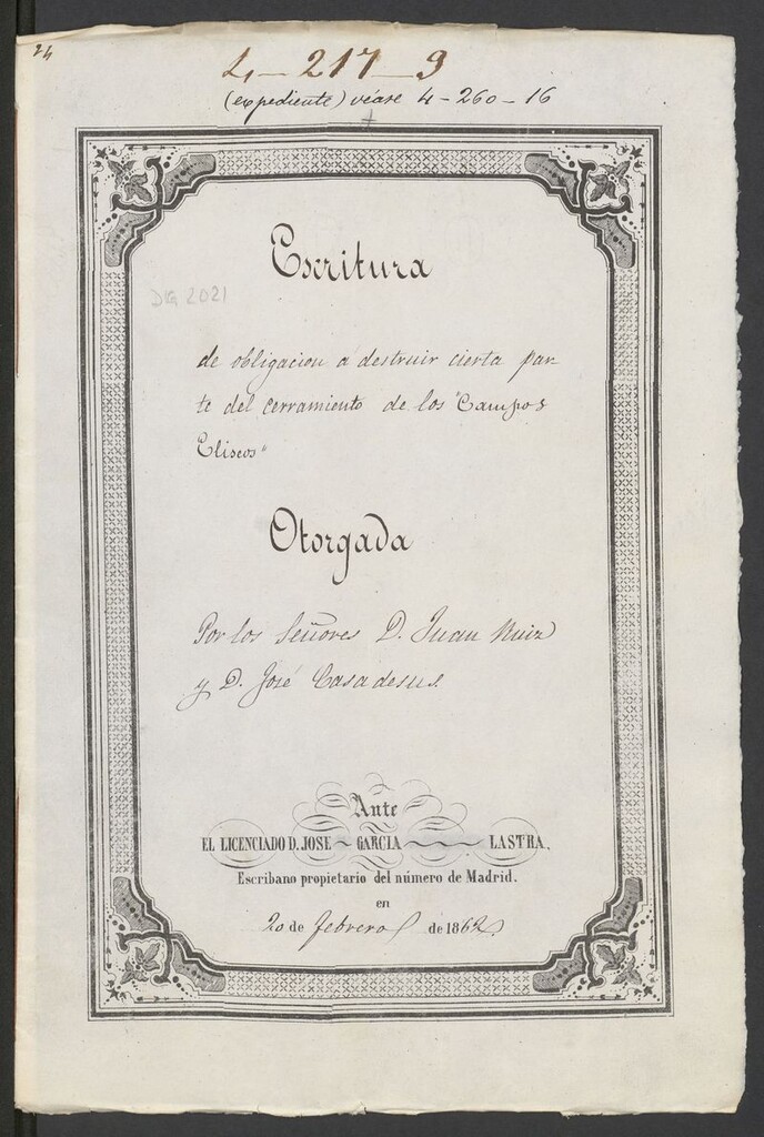 Miniatura de Escritura de obligación a destruir cierta parte del cerramiento de los "Campos Eliseos". Otorgada por los Sres. D. Juan Ruiz y d. José Casadesus.