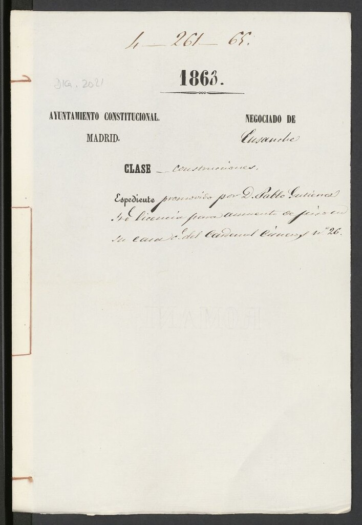 Miniatura de D. Pablo Gutiérrez, sobre licencia para aumentar de piso en su casa del Cardenal Cisneros, nº 26.