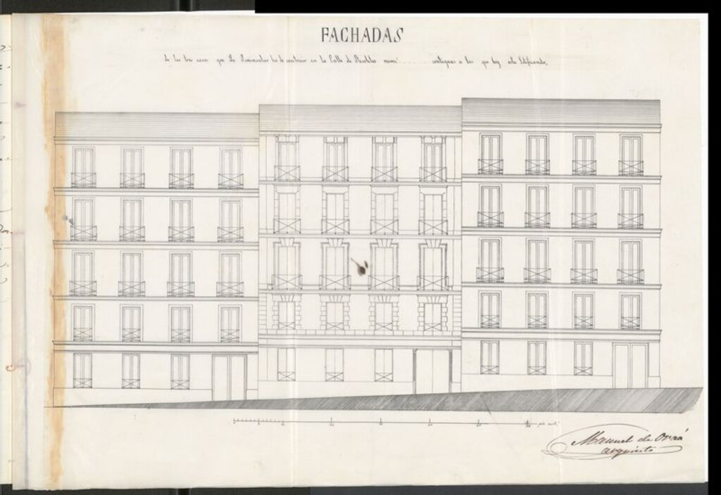 Miniatura de D. Pascual Madoz, a nombre de la Peninsular, en solicitud de licencia para construir de nueva planta en el solar propio de otra sociedad, sito en la calle de Recoletos, contiguo a las casas que la misma edifica en aquel sitio.
