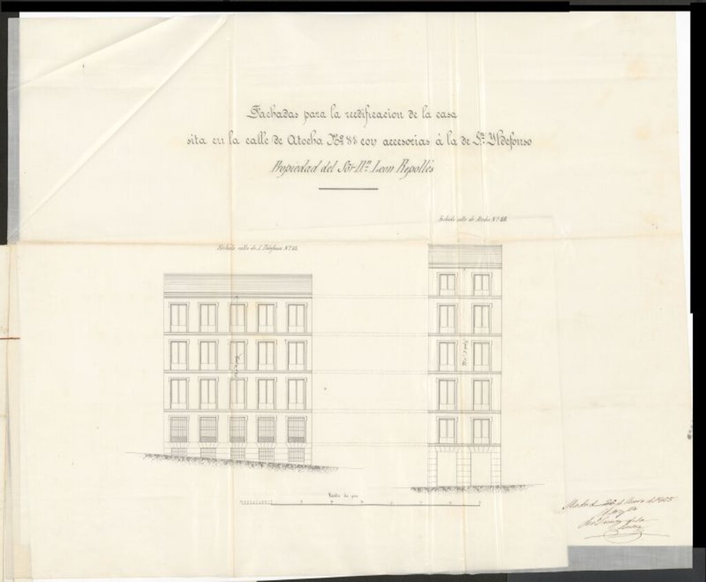 Miniatura de D. León Repullés, para construir de nueva planta la casa sita en la calle de Atocha nº 88, con vuelta a la calle de S. Ildefonso nº 13.