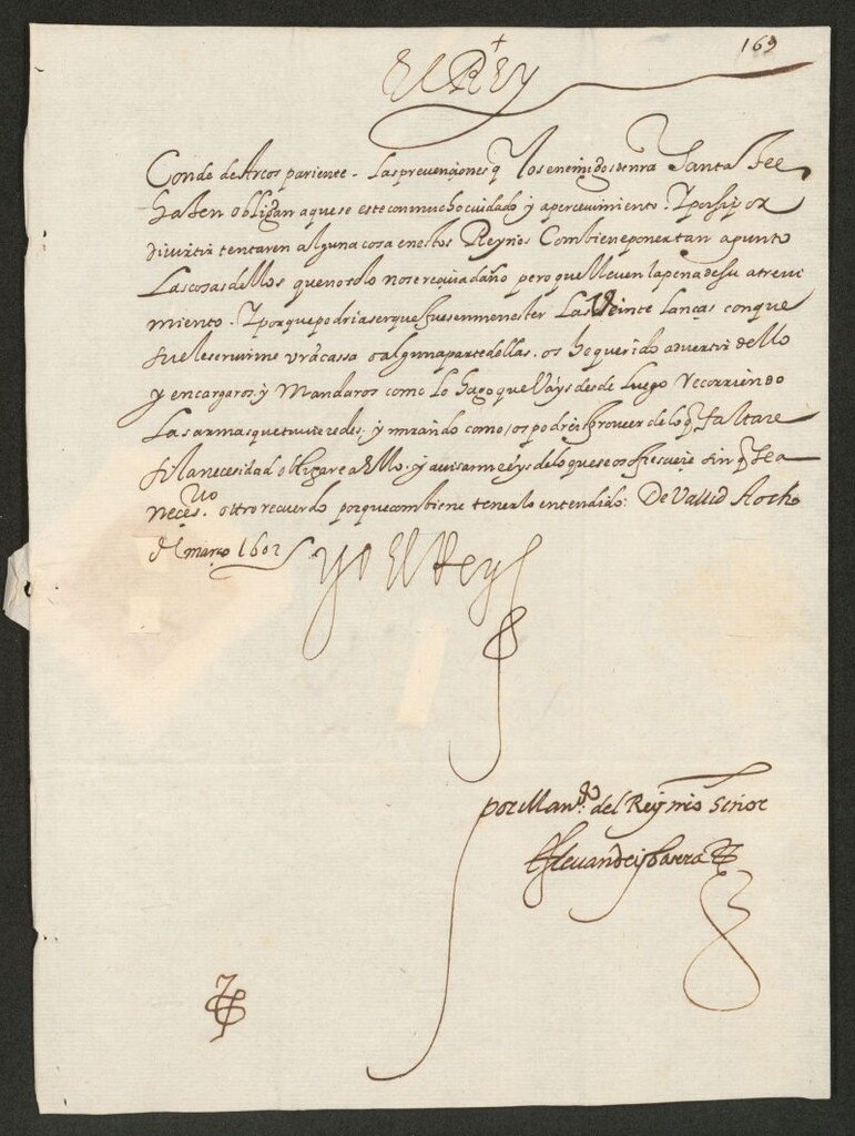 Miniatura de [Carta de llamamiento de Felipe III al Conde de los Arcos apercibiéndole de que debe estar prevenido con las veinte lanzas que corresponden a su estado y avisando luego de lo que se ofreciere]