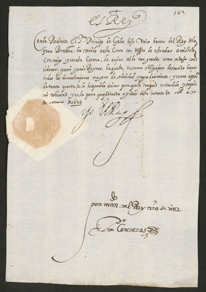 Miniatura de [Real cédula del Rey Felipe IV al Conde de los Arcos anunciándole la llegada del Príncipe de Gales y su deseo de agradecérselo con las mayores demostraciones de solemnidad]
