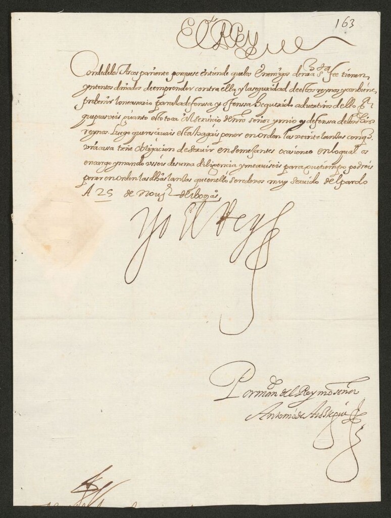 Miniatura de [Carta de llamamiento de Felipe III al Conde de Arcos , para que tenga preparadas las 20 lanzas de su estado para garantizar la seguridad de estos reinos]