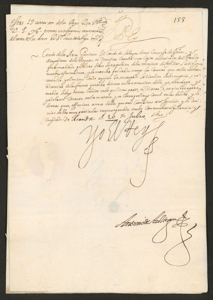 Miniatura de [Real cédula de Felipe III dirigida al Conde de los Arcos indicándole que el Conde de Salazar le remitirá un escrito con una copia del bando publicado para la expulsión de los moriscos]