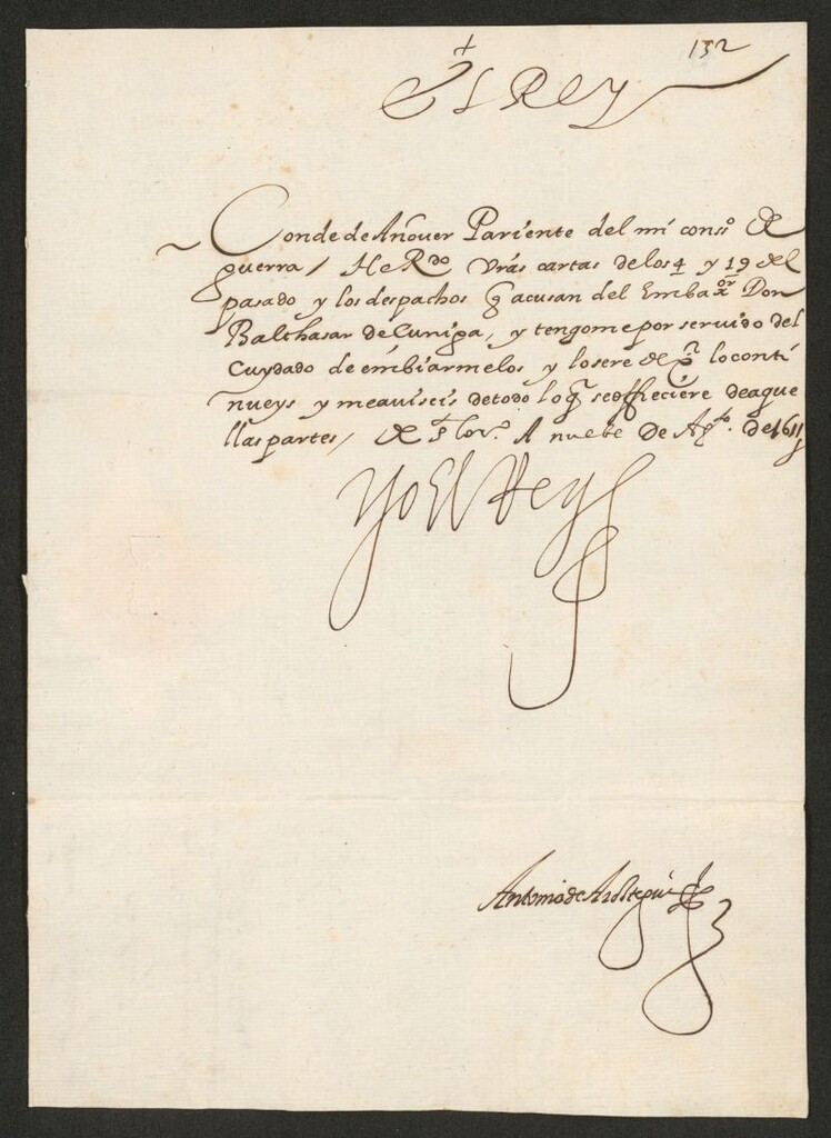 Miniatura de [Real cédula de Felipe III dirigida al Conde de Añover acusándole recibo de sus últimas cartas y de los despachos del embajador Baltasar de Zúñiga]